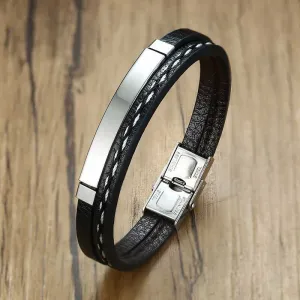 Cycolinks Custom Engraving Stainless Steel Leather Bracelet