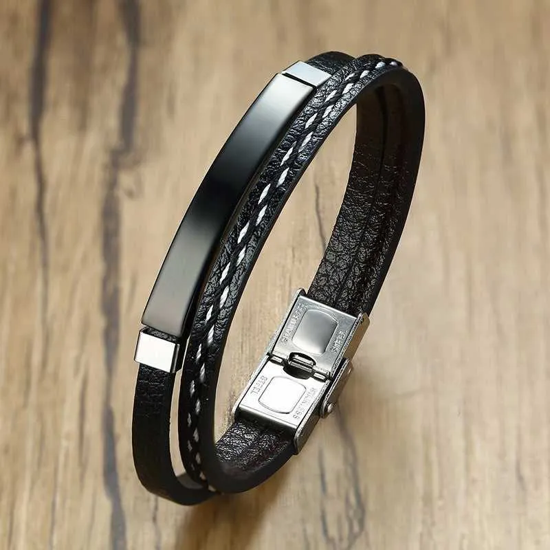 Cycolinks Custom Engraving Stainless Steel Leather Bracelet