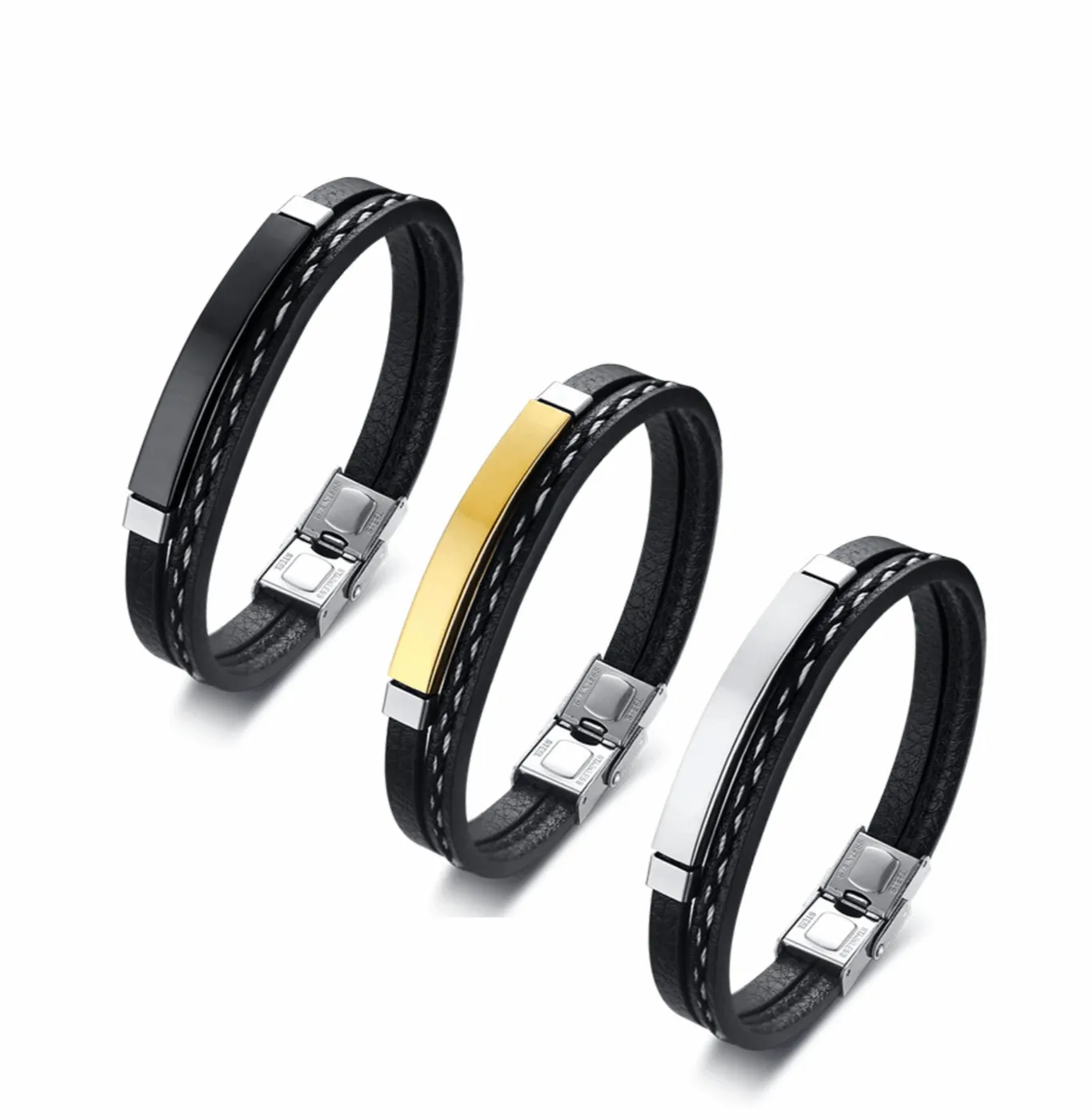 Cycolinks Custom Engraving Stainless Steel Leather Bracelet