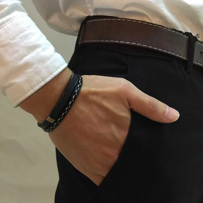 Cycolinks Custom Engraving Stainless Steel Leather Bracelet
