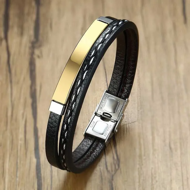 Cycolinks Custom Engraving Stainless Steel Leather Bracelet