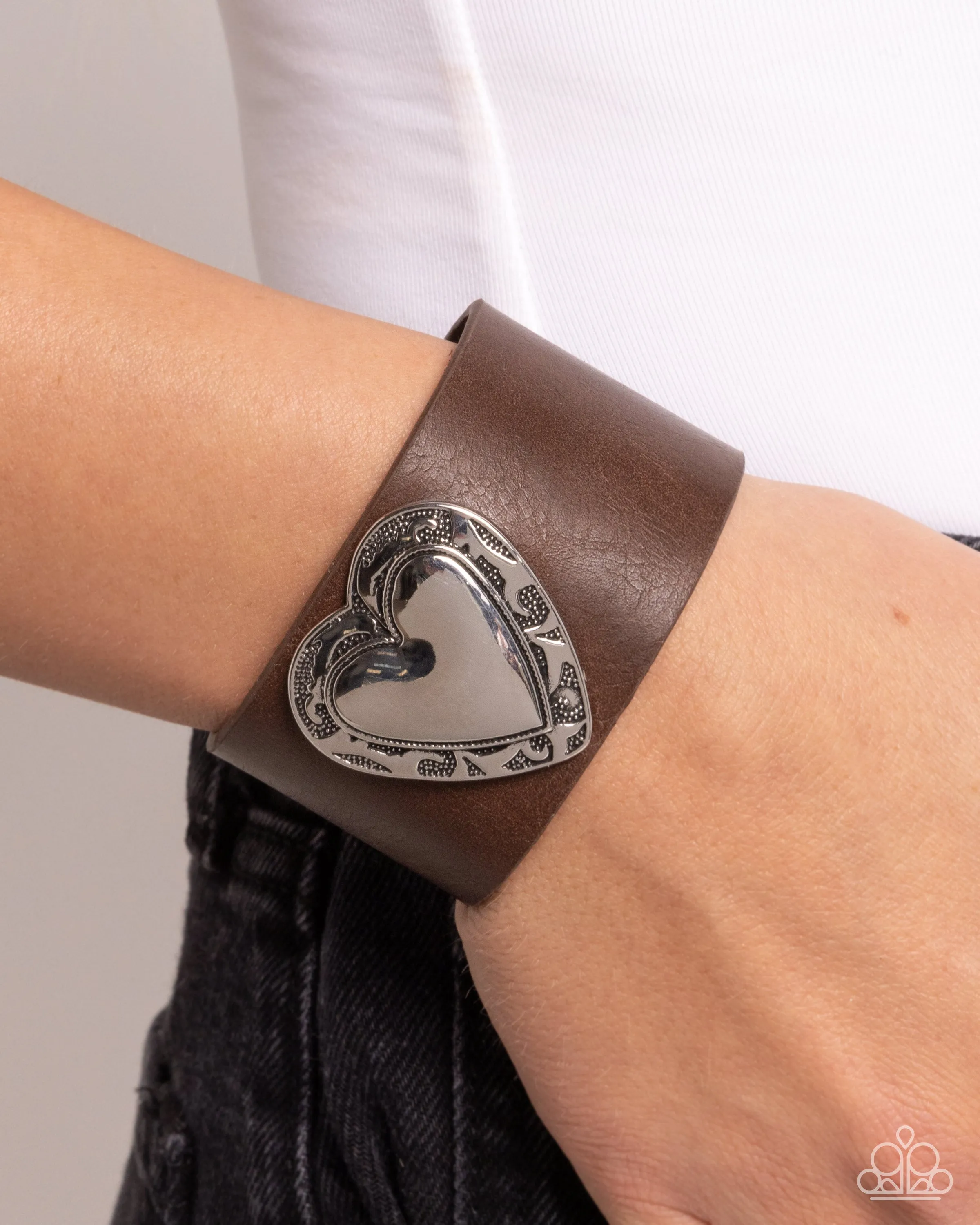 Decorated Debut - Brown - Leather Band Silver Heart Paparazzi Snap Wrap Bracelet