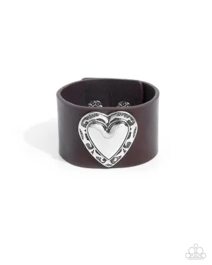 Decorated Debut - Brown - Leather Band Silver Heart Paparazzi Snap Wrap Bracelet