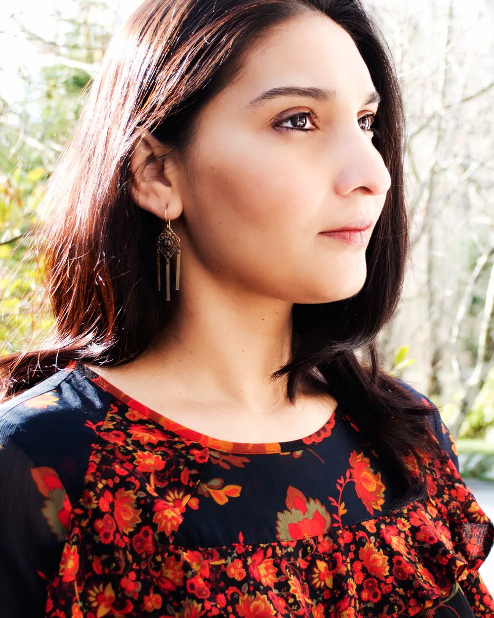 Delicate antique filigree dangles | orange black earrings