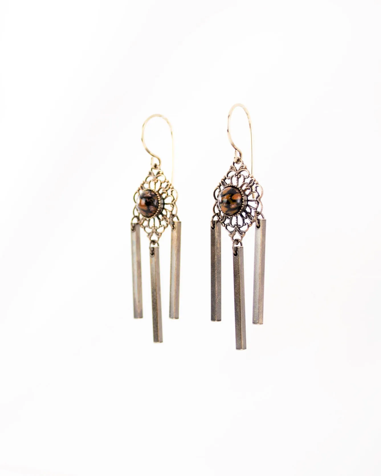 Delicate antique filigree dangles | orange black earrings