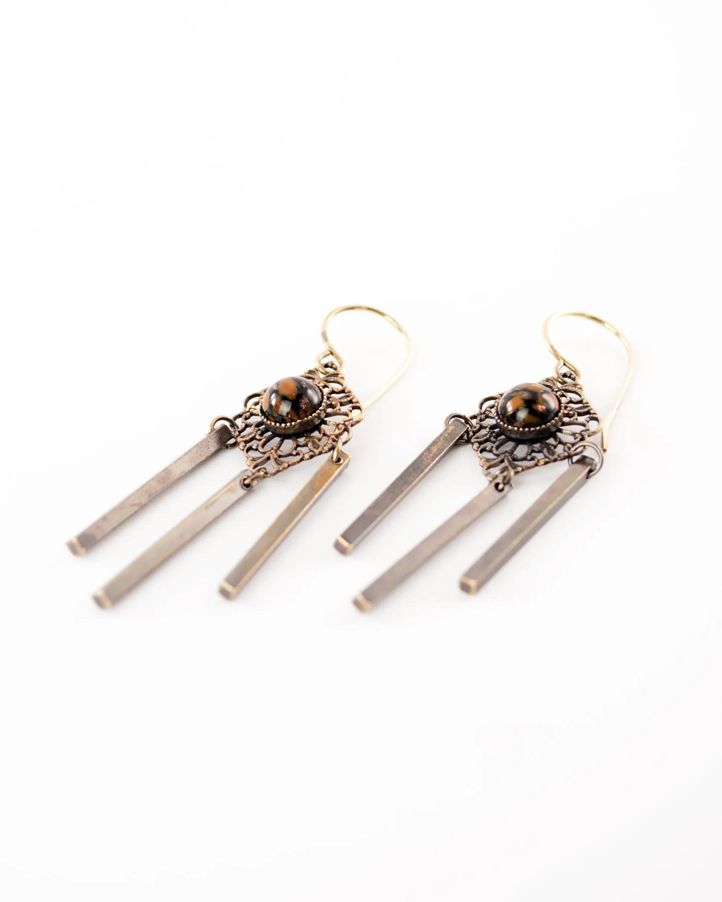 Delicate antique filigree dangles | orange black earrings