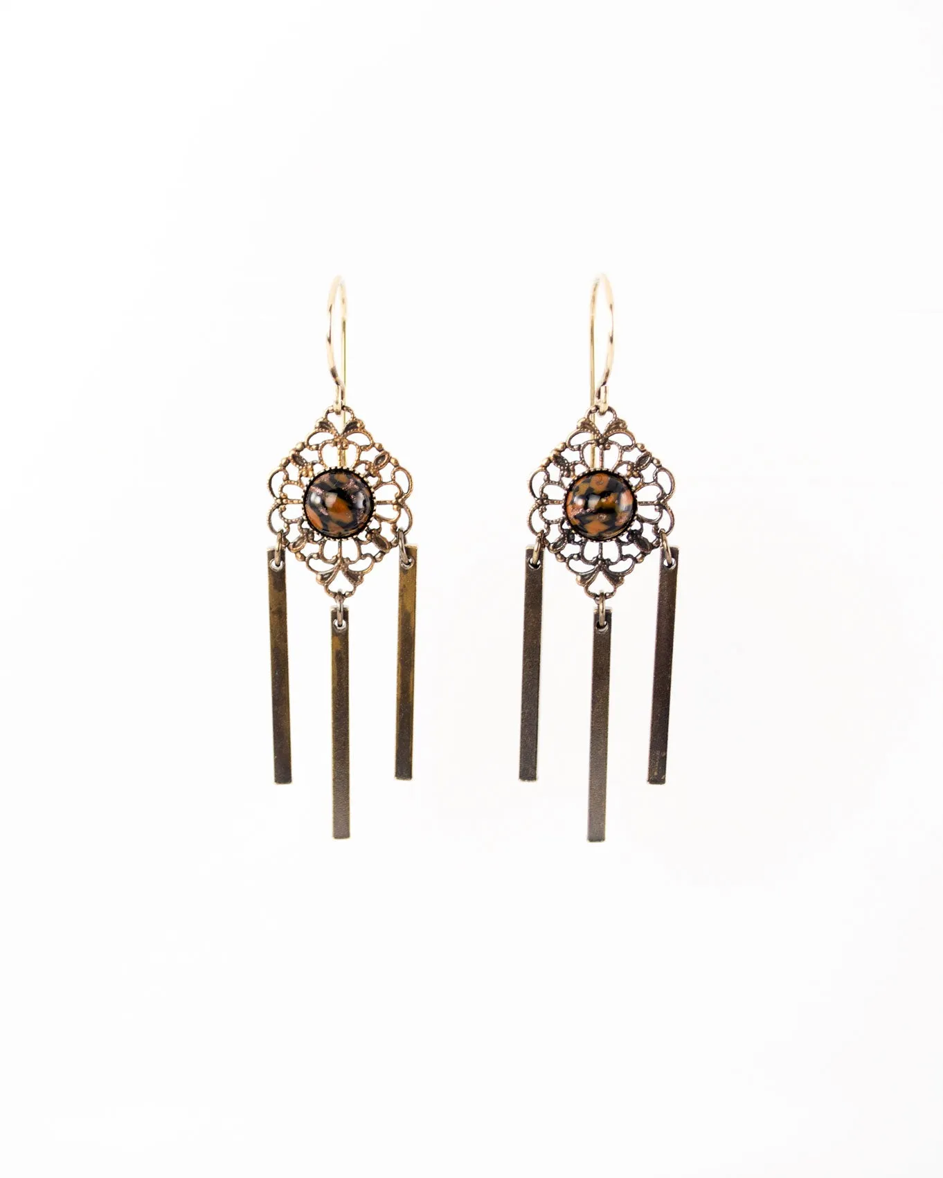 Delicate antique filigree dangles | orange black earrings