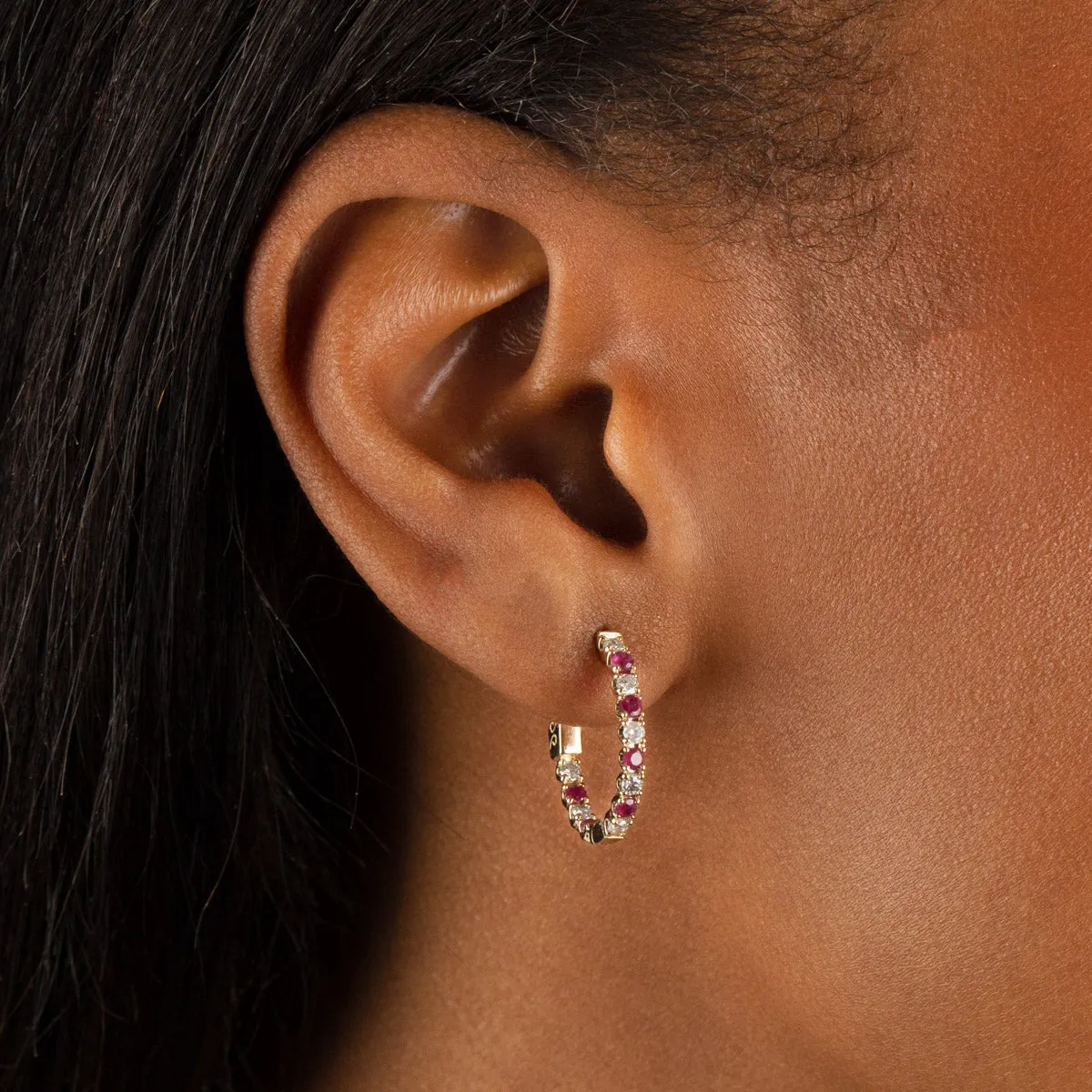 Diamond X Ruby Oval Huggie Earring 14K