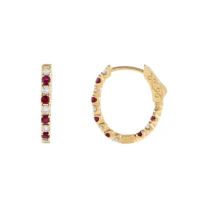Diamond X Ruby Oval Huggie Earring 14K