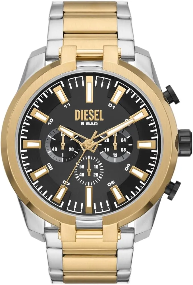 Diesel Split Gents Black Dial Silver Gold Tone Chronograph Watch