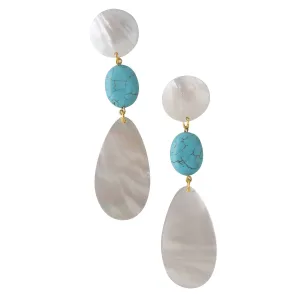 DOUBLE DROP MOTHER OF PEARL AND  BEAD ACCENT EARRINGS. WHITE/BLUE