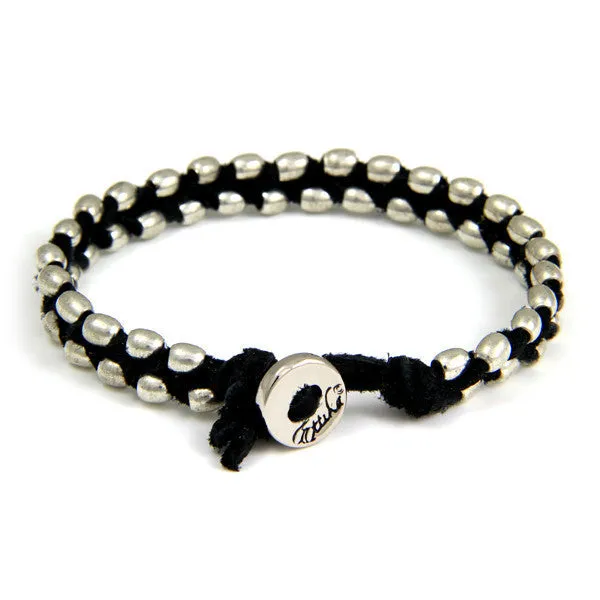 Double Silver Barrel Bead Mens Bracelet on Black Leather