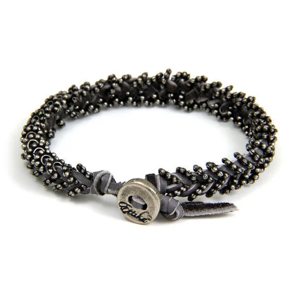 Double Silver Spacer Bead Mens Bracelet on Grey Leather