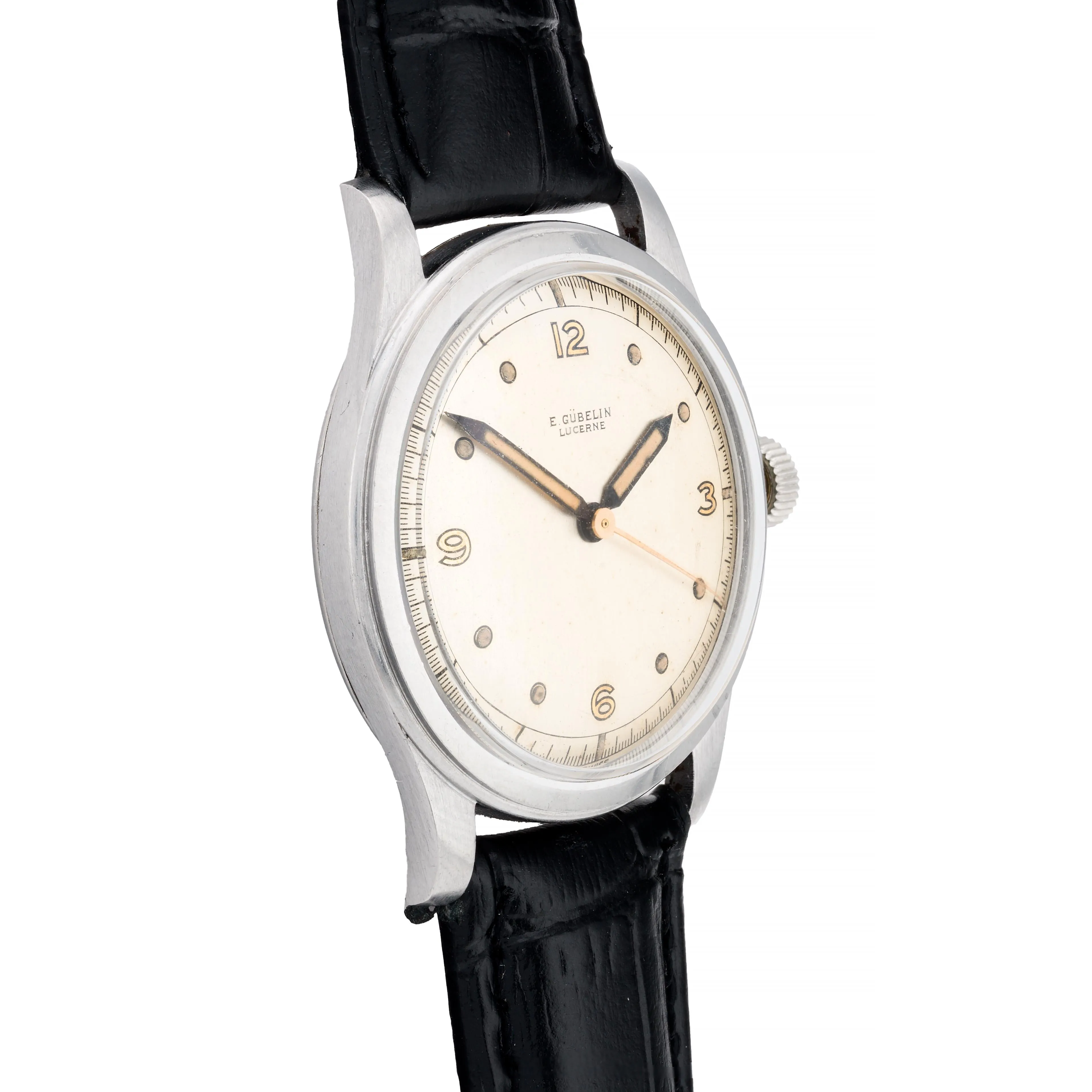 E. Gubelin Art Deco Sweep Seconds Fancy Gilt Dial Mens Dress Wrist Watch