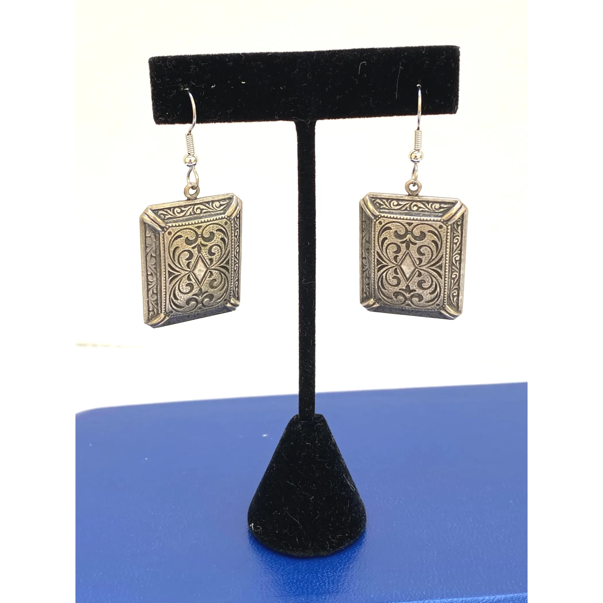 Earrings,  Vintage Antique Silver, Edwardian Style, Vintage Rectangle Earrings, Handmade in USA