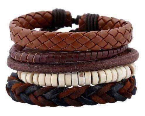 Earth Song Brown, Cream And Black 5 Piece Leather Multilayer Bracelet Set