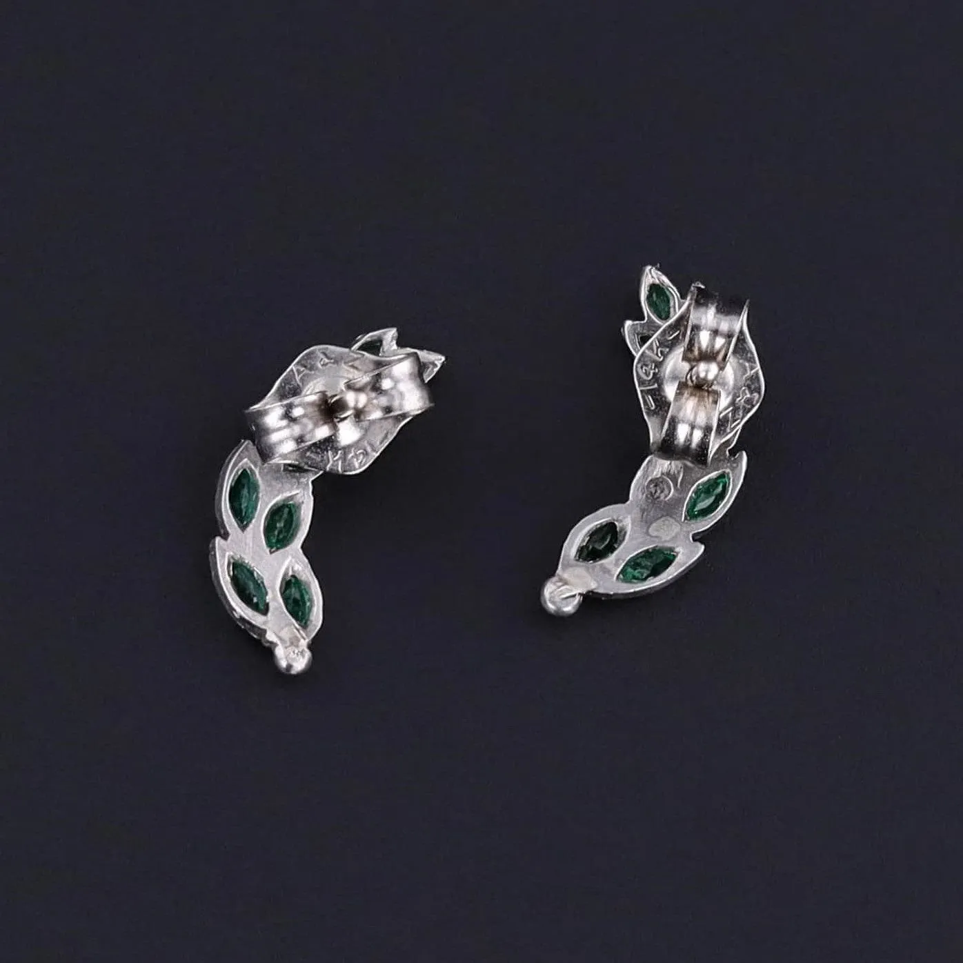Emerald and Diamond Climber Earrings of 18k White Gold
