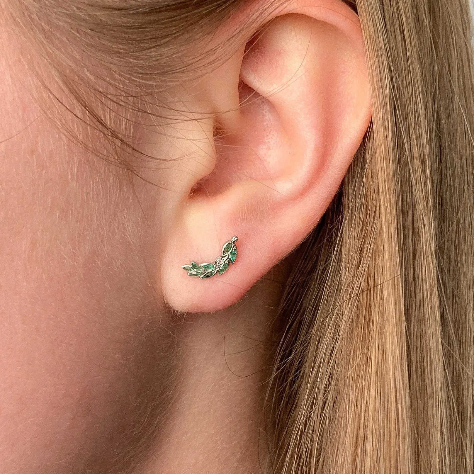 Emerald and Diamond Climber Earrings of 18k White Gold