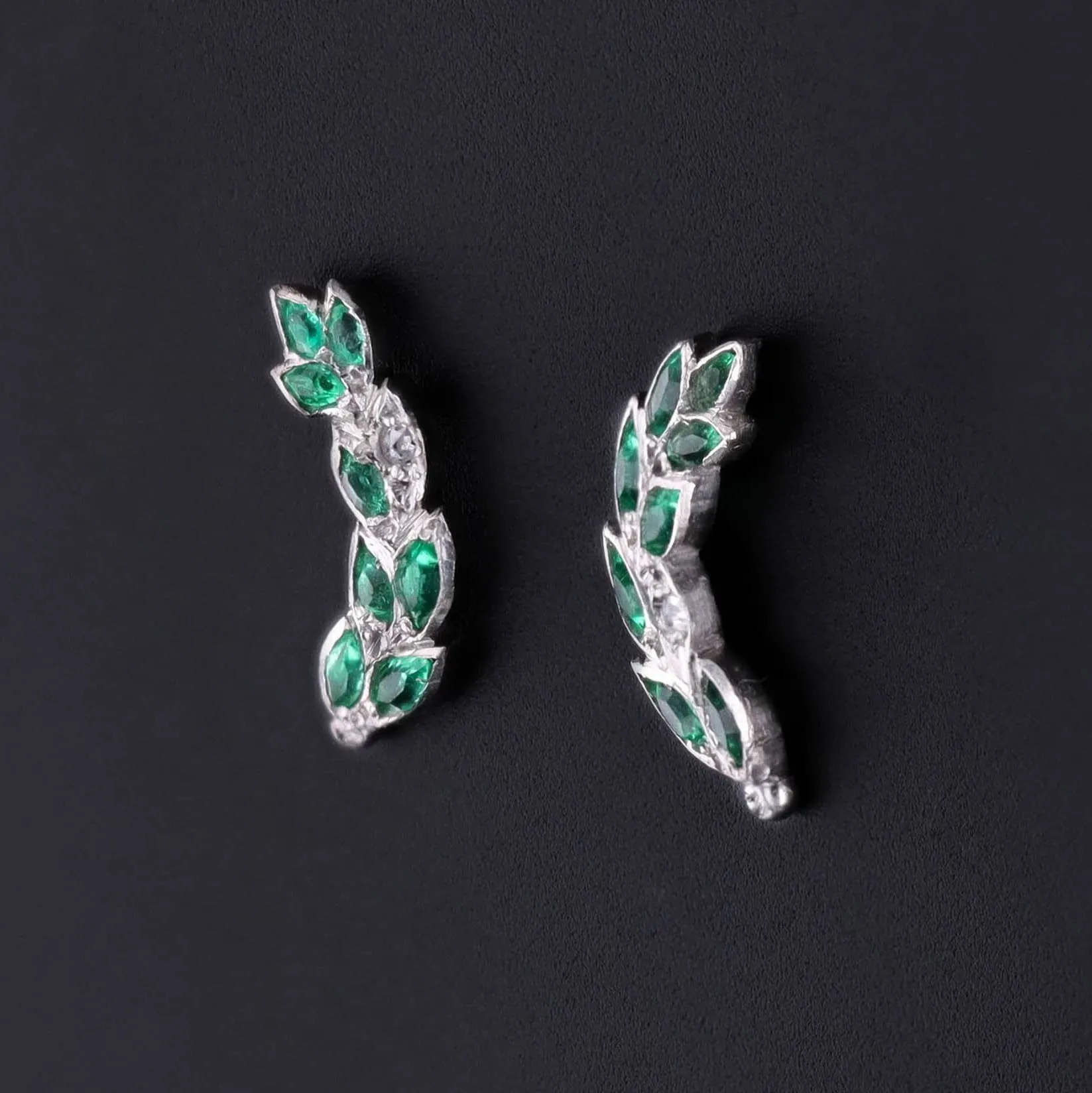 Emerald and Diamond Climber Earrings of 18k White Gold