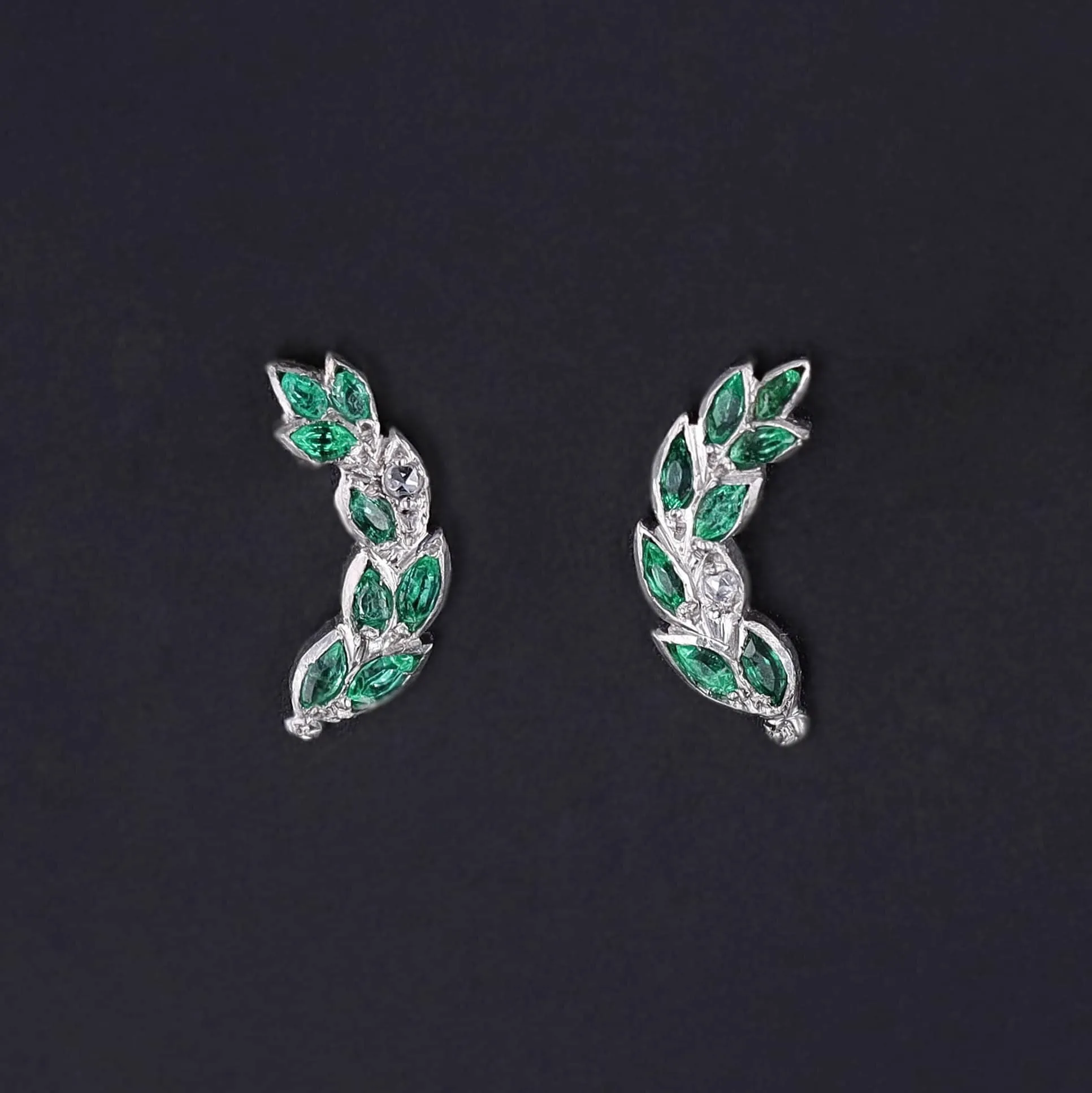 Emerald and Diamond Climber Earrings of 18k White Gold