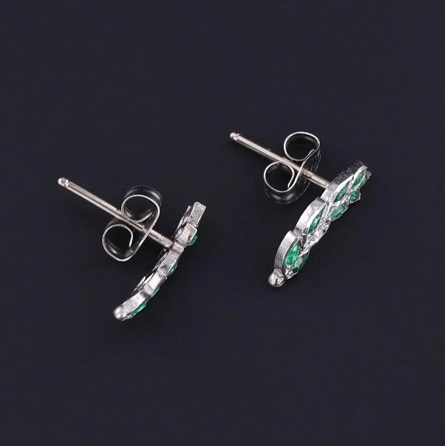 Emerald and Diamond Climber Earrings of 18k White Gold