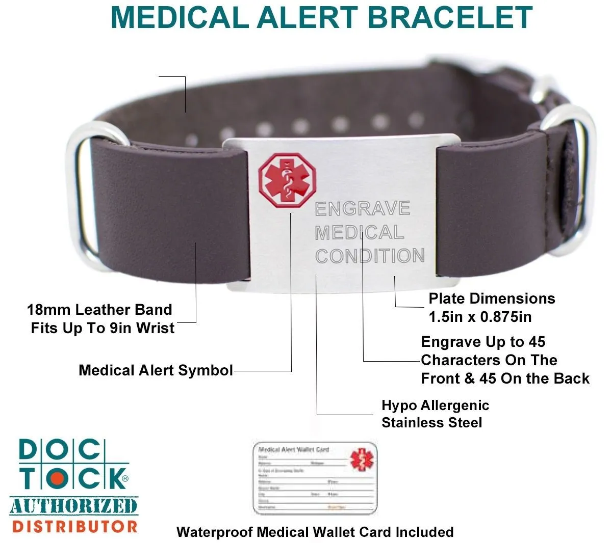 Engravable DOC TOCK Genuine Leather 18mm Medical Alert ID Band Bracelet
