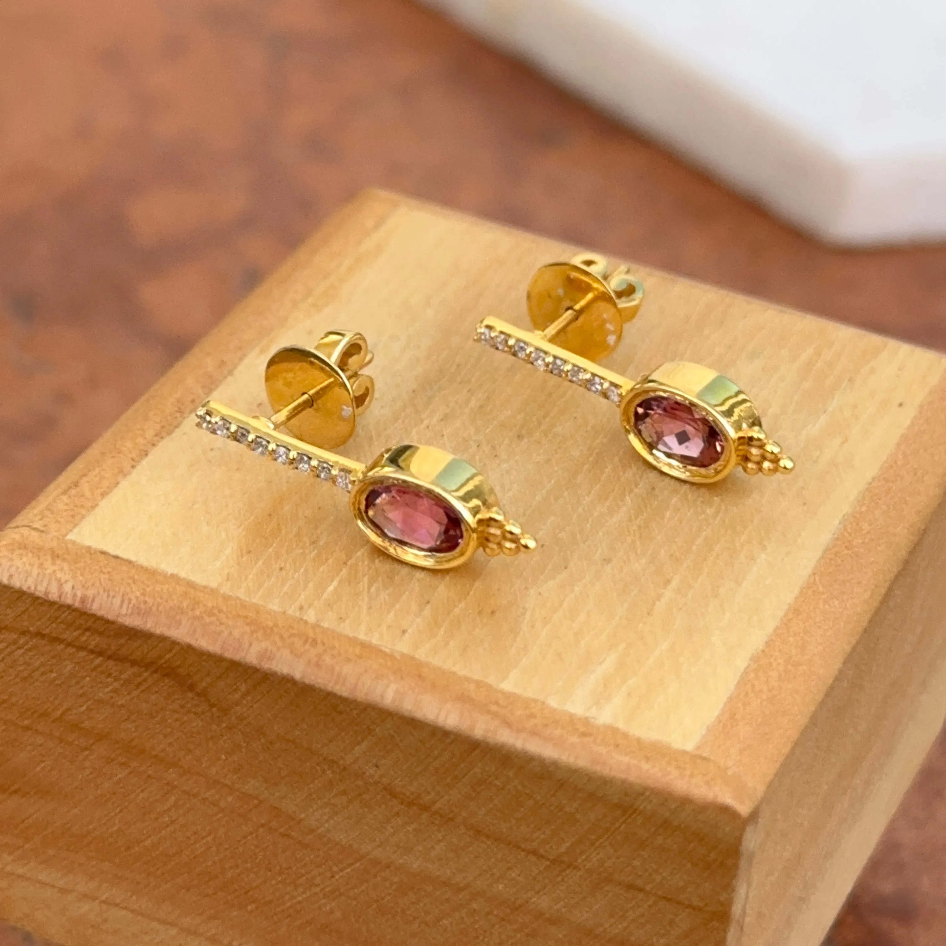 Estate 14KT Yellow Gold Bezel Pink Tourmaline   Diamond Earrings
