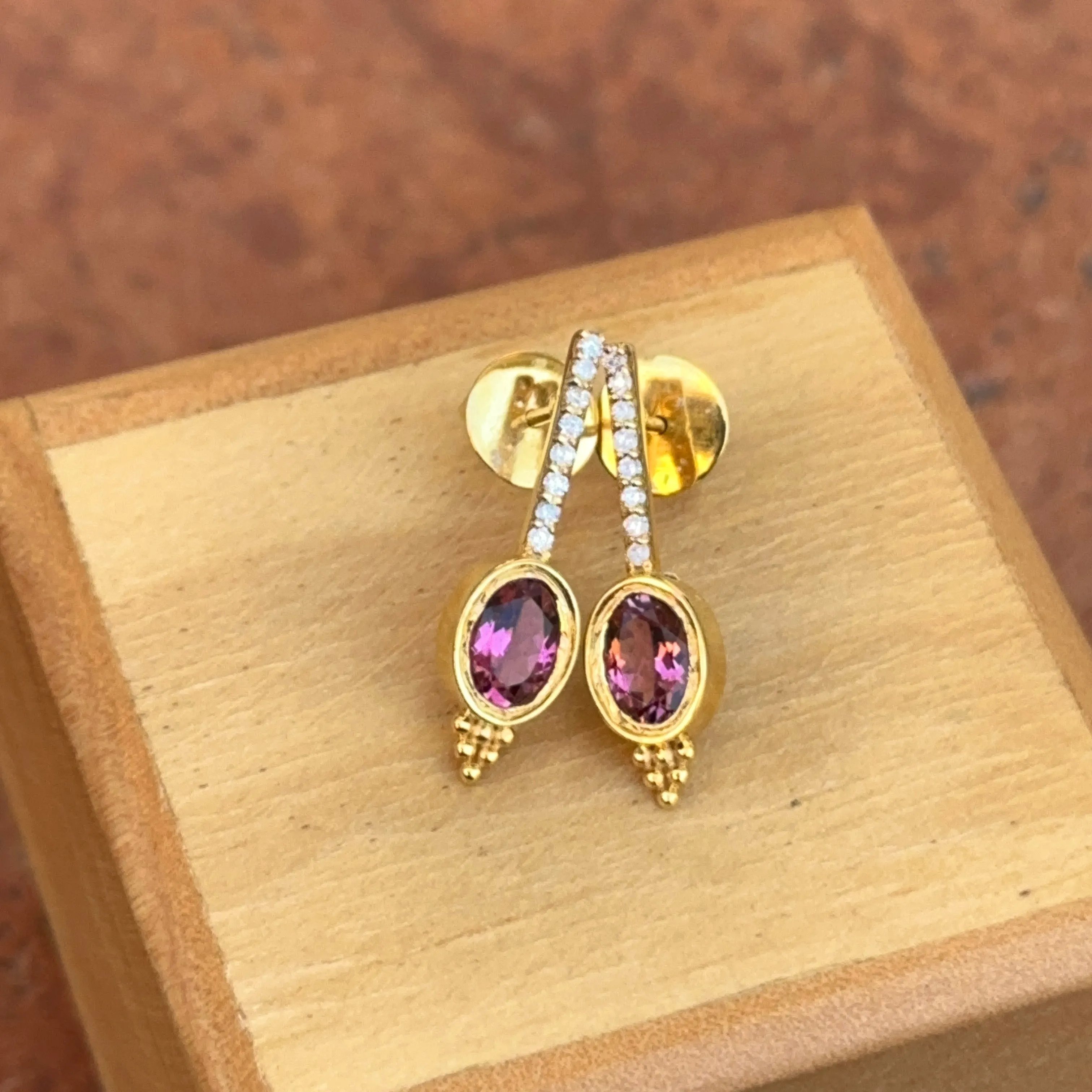 Estate 14KT Yellow Gold Bezel Pink Tourmaline   Diamond Earrings