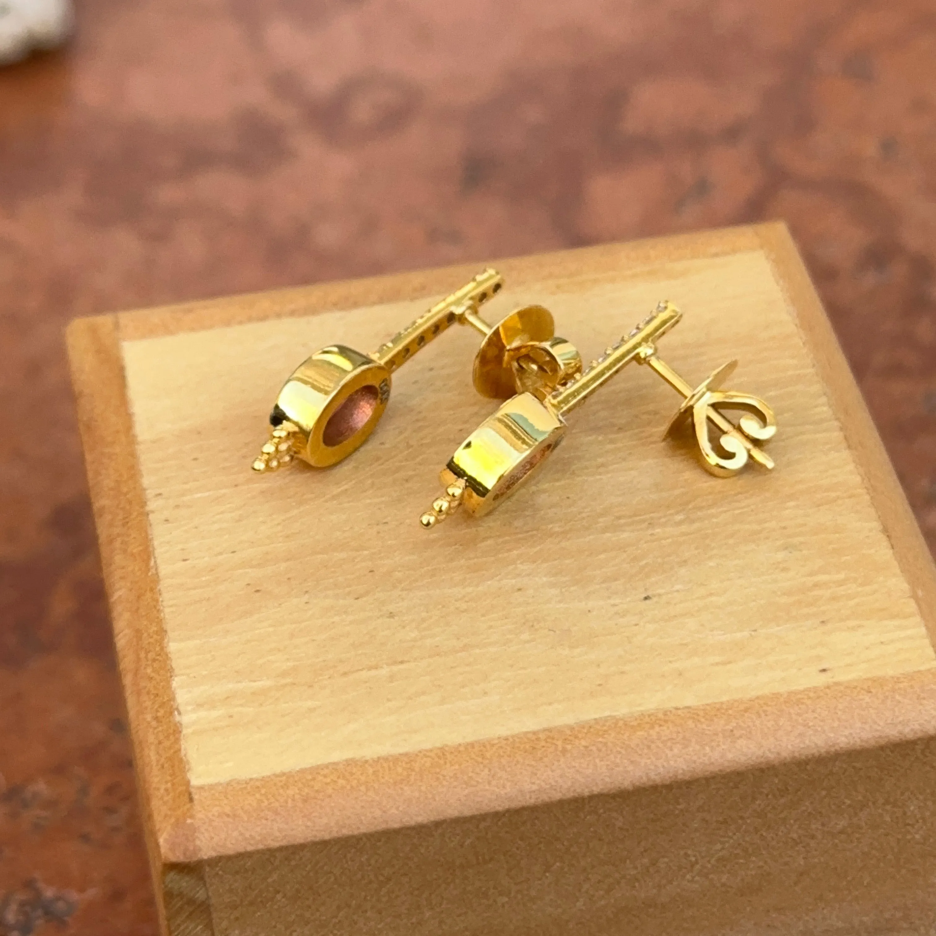 Estate 14KT Yellow Gold Bezel Pink Tourmaline   Diamond Earrings