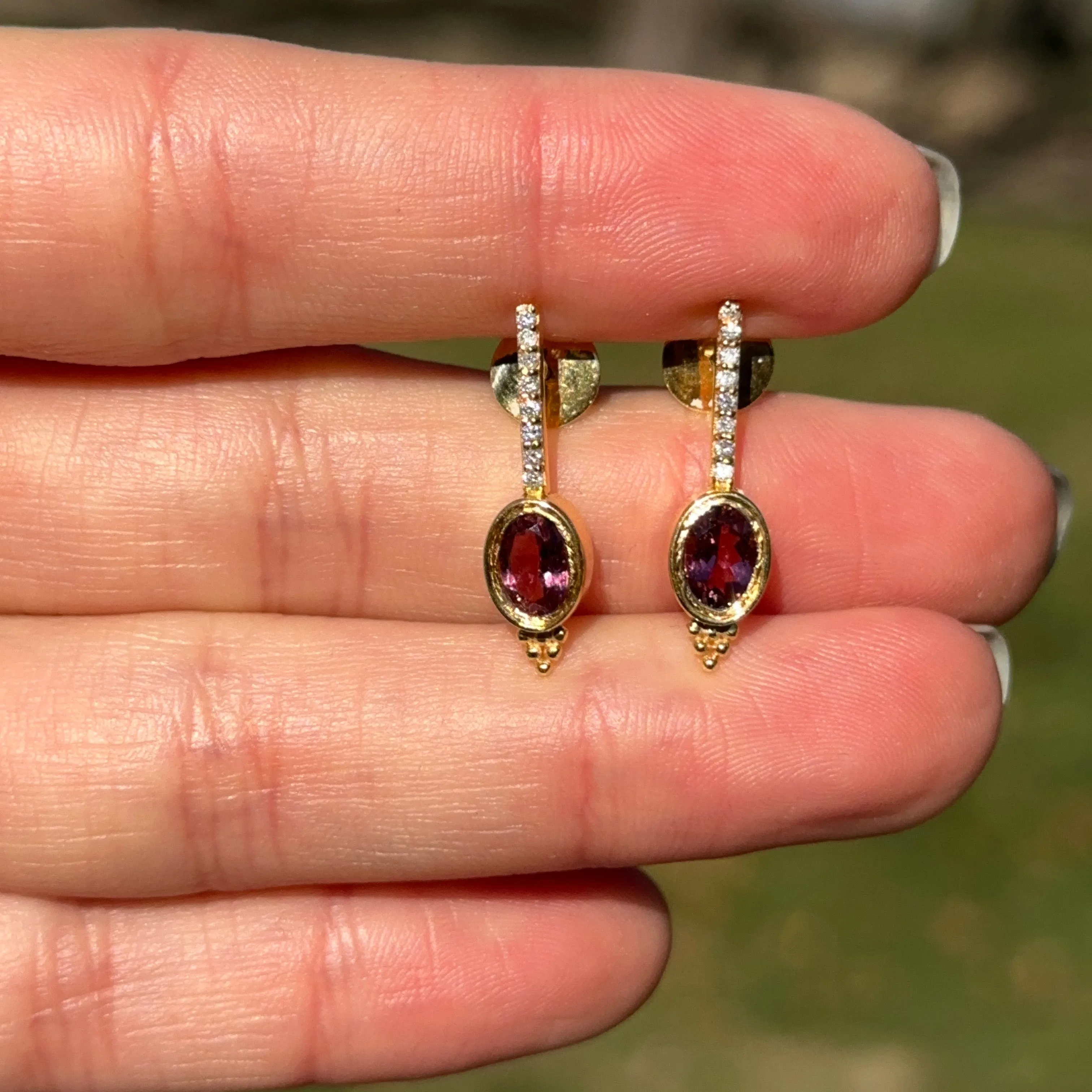 Estate 14KT Yellow Gold Bezel Pink Tourmaline   Diamond Earrings