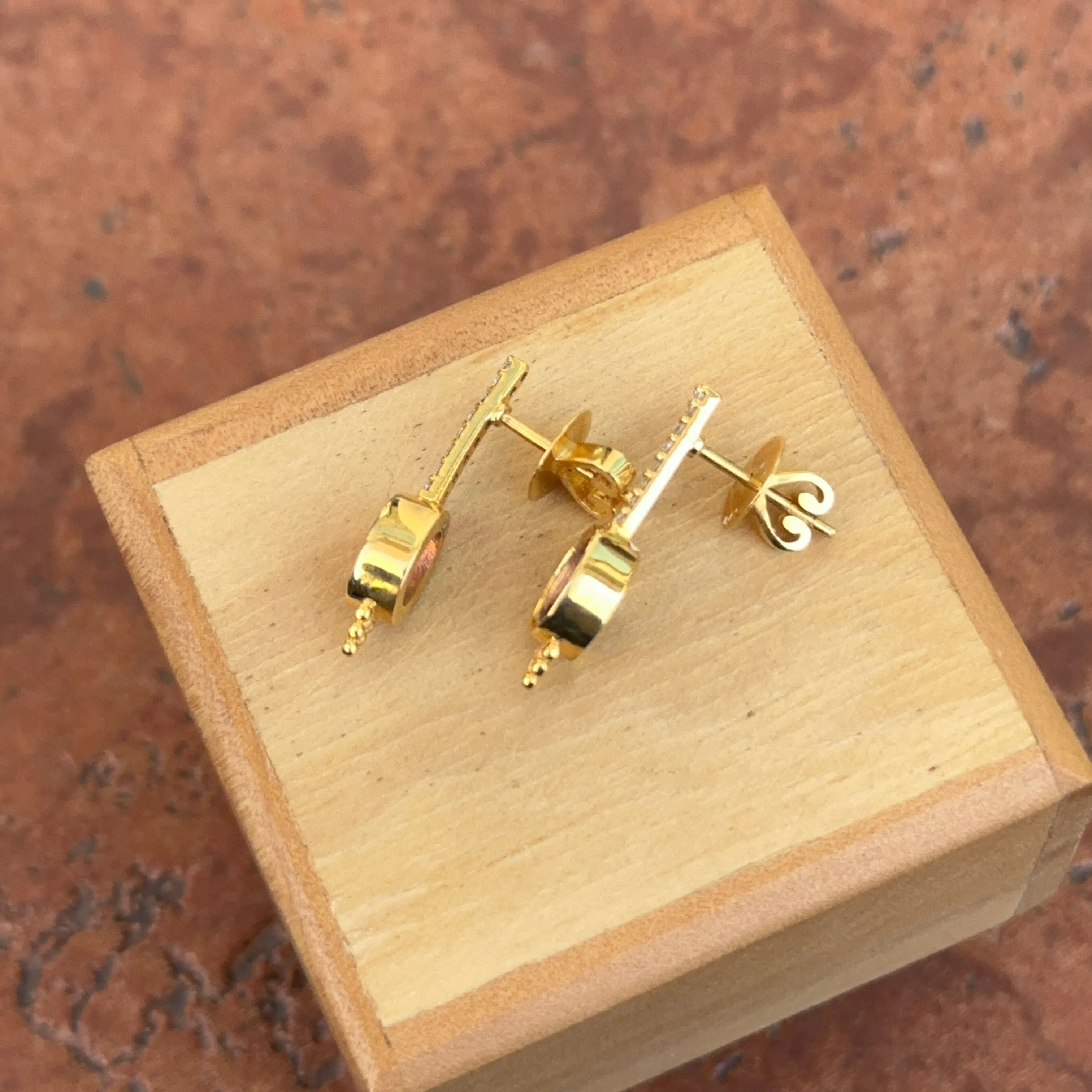 Estate 14KT Yellow Gold Bezel Pink Tourmaline   Diamond Earrings