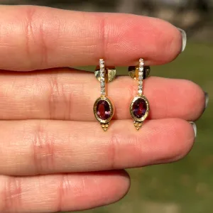 Estate 14KT Yellow Gold Bezel Pink Tourmaline   Diamond Earrings