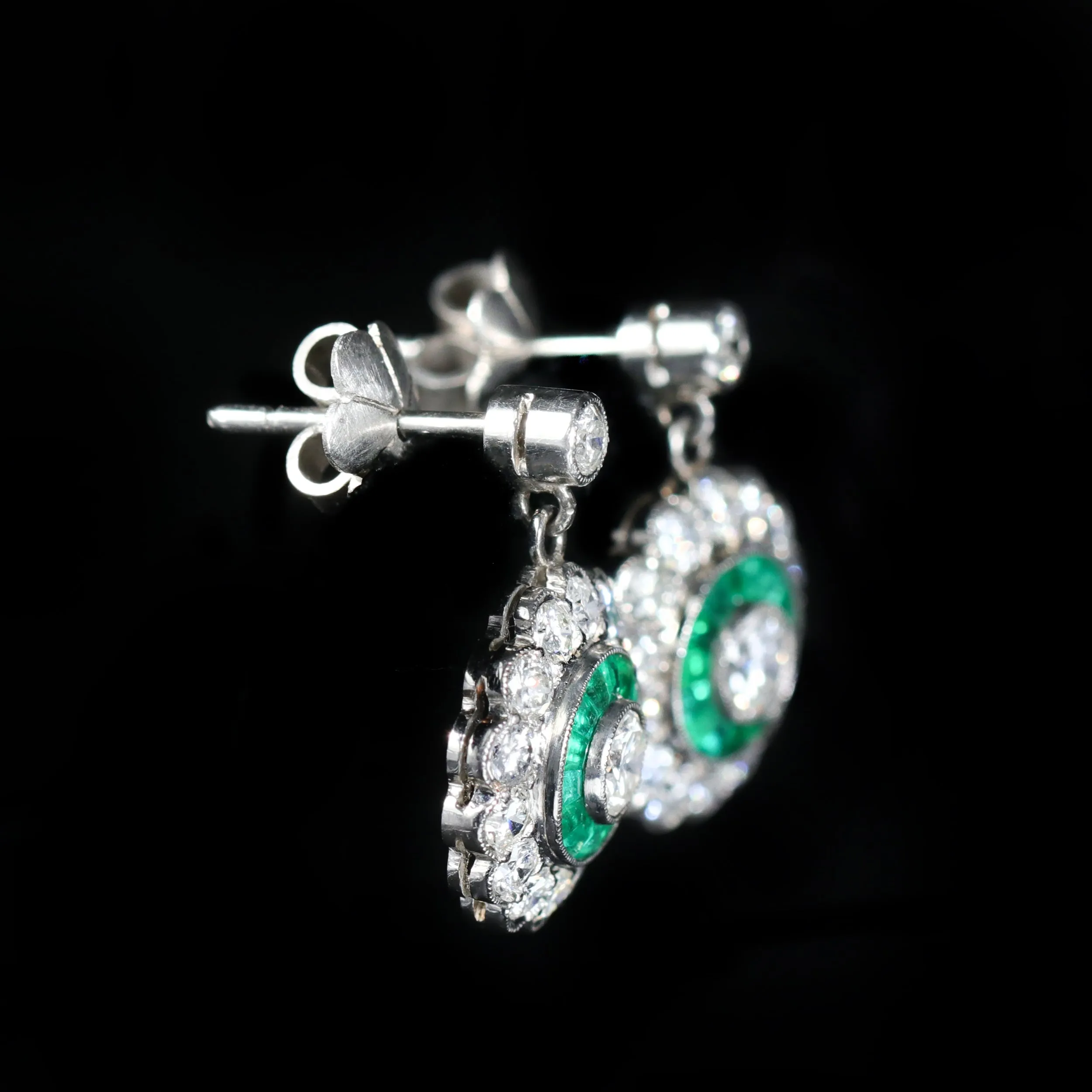 Estate Platinum 1.60 CTW Diamond and Emerald Dangle Earrings