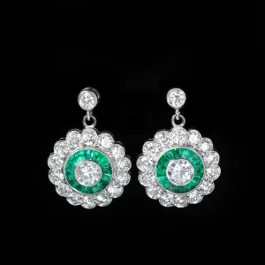Estate Platinum 1.60 CTW Diamond and Emerald Dangle Earrings
