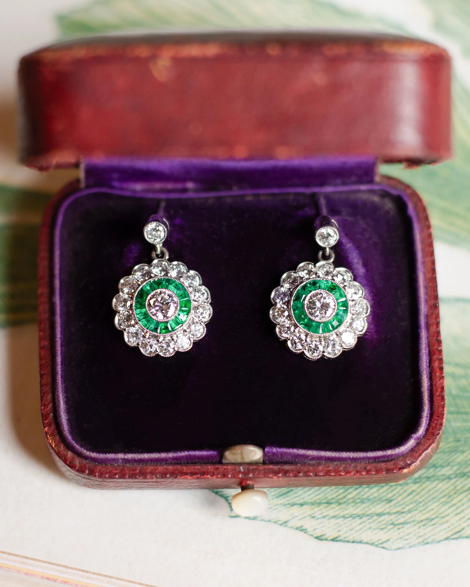 Estate Platinum 1.60 CTW Diamond and Emerald Dangle Earrings