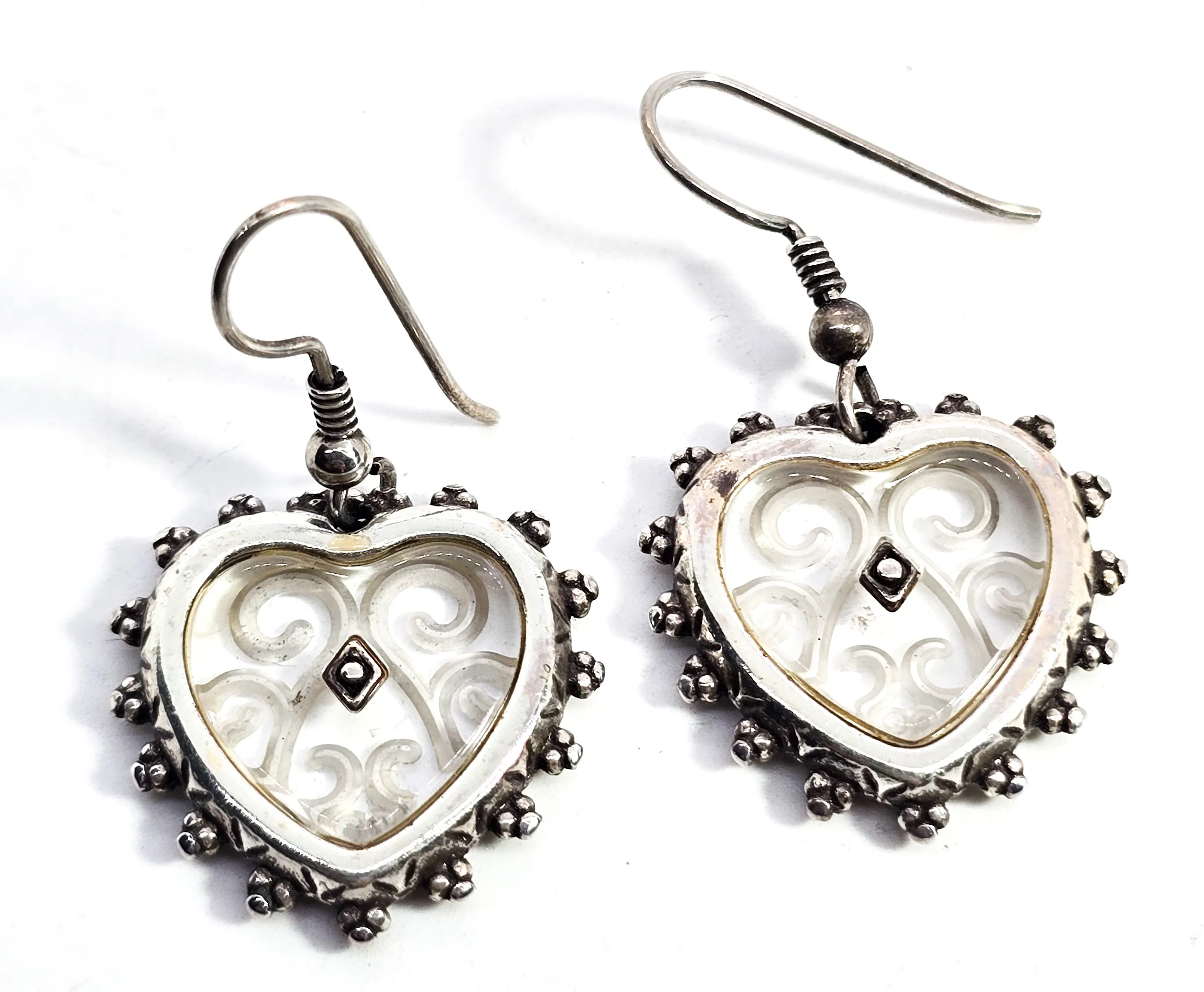 Etched glass Scroll heart large sterling silver vintage drop earrings