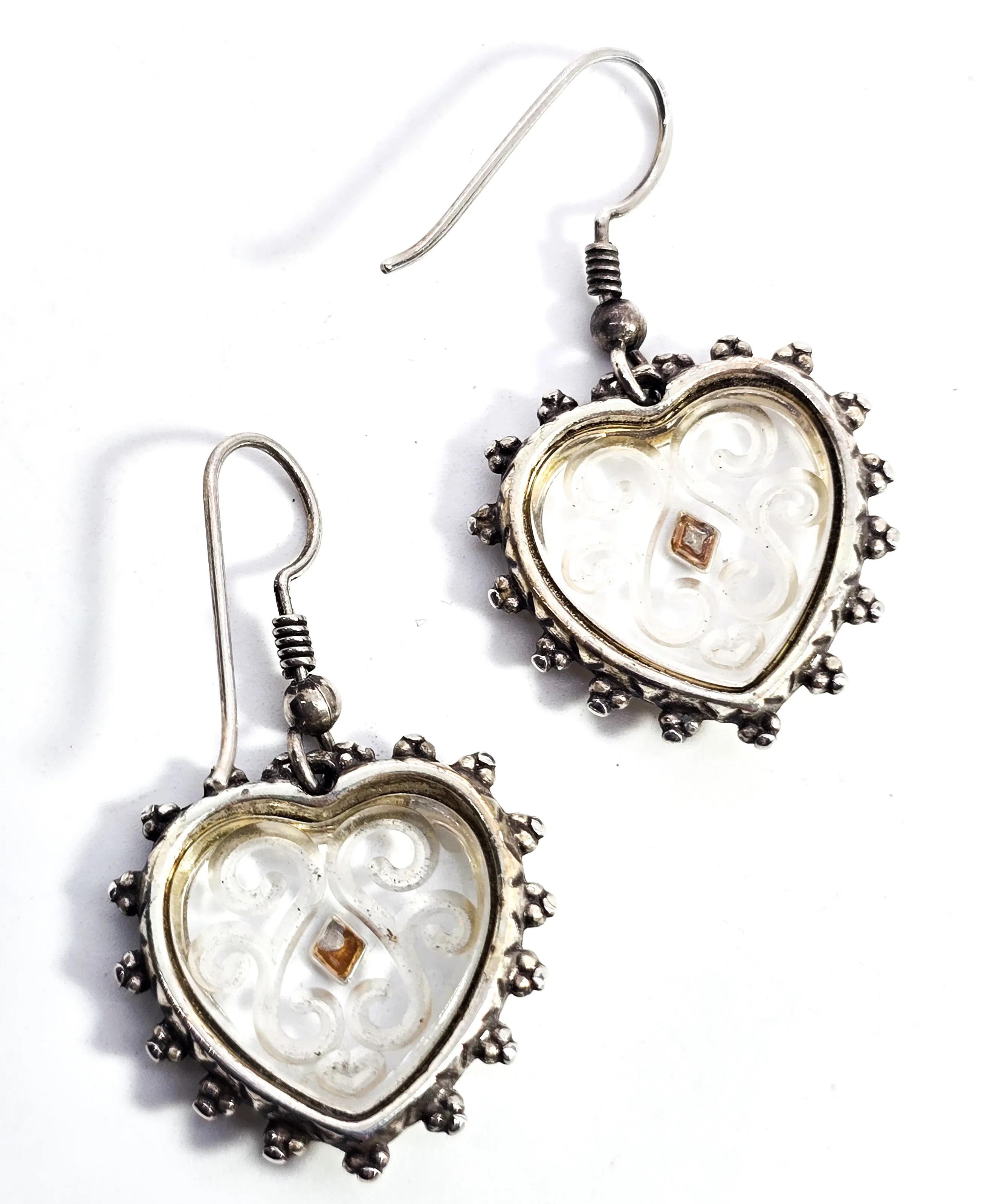 Etched glass Scroll heart large sterling silver vintage drop earrings