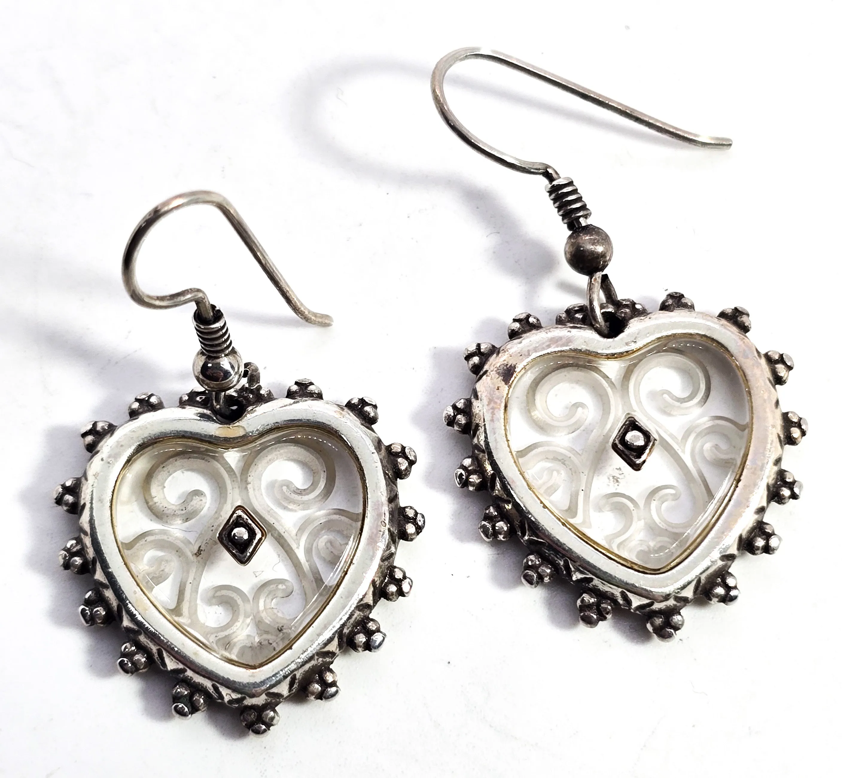 Etched glass Scroll heart large sterling silver vintage drop earrings