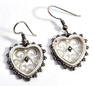 Etched glass Scroll heart large sterling silver vintage drop earrings