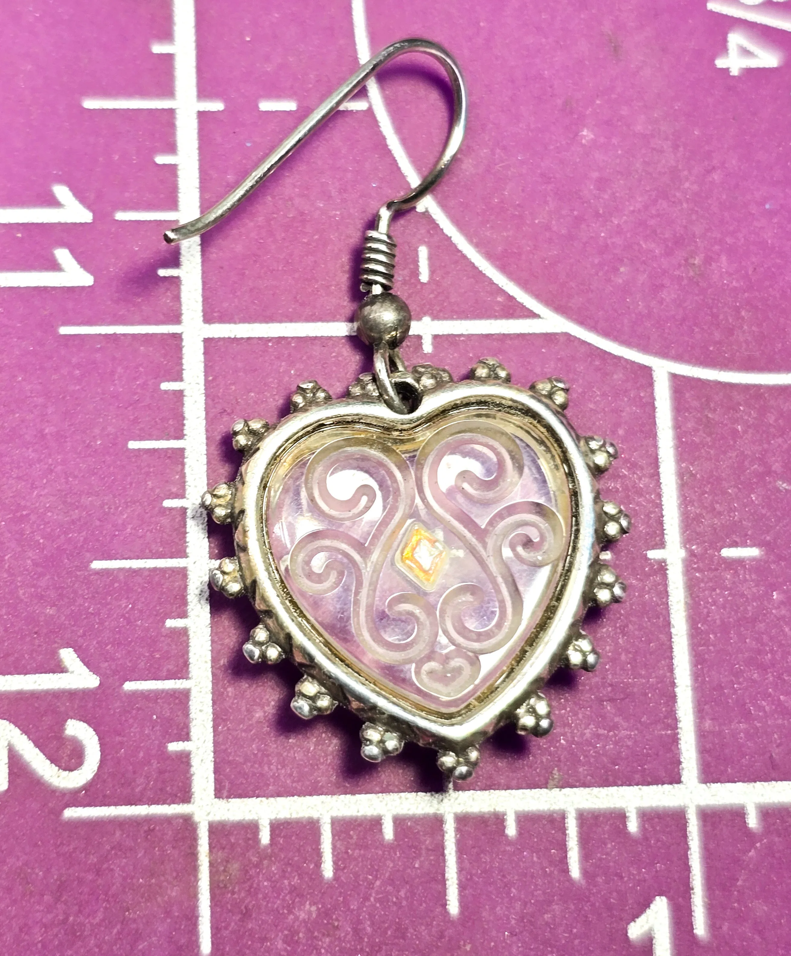 Etched glass Scroll heart large sterling silver vintage drop earrings