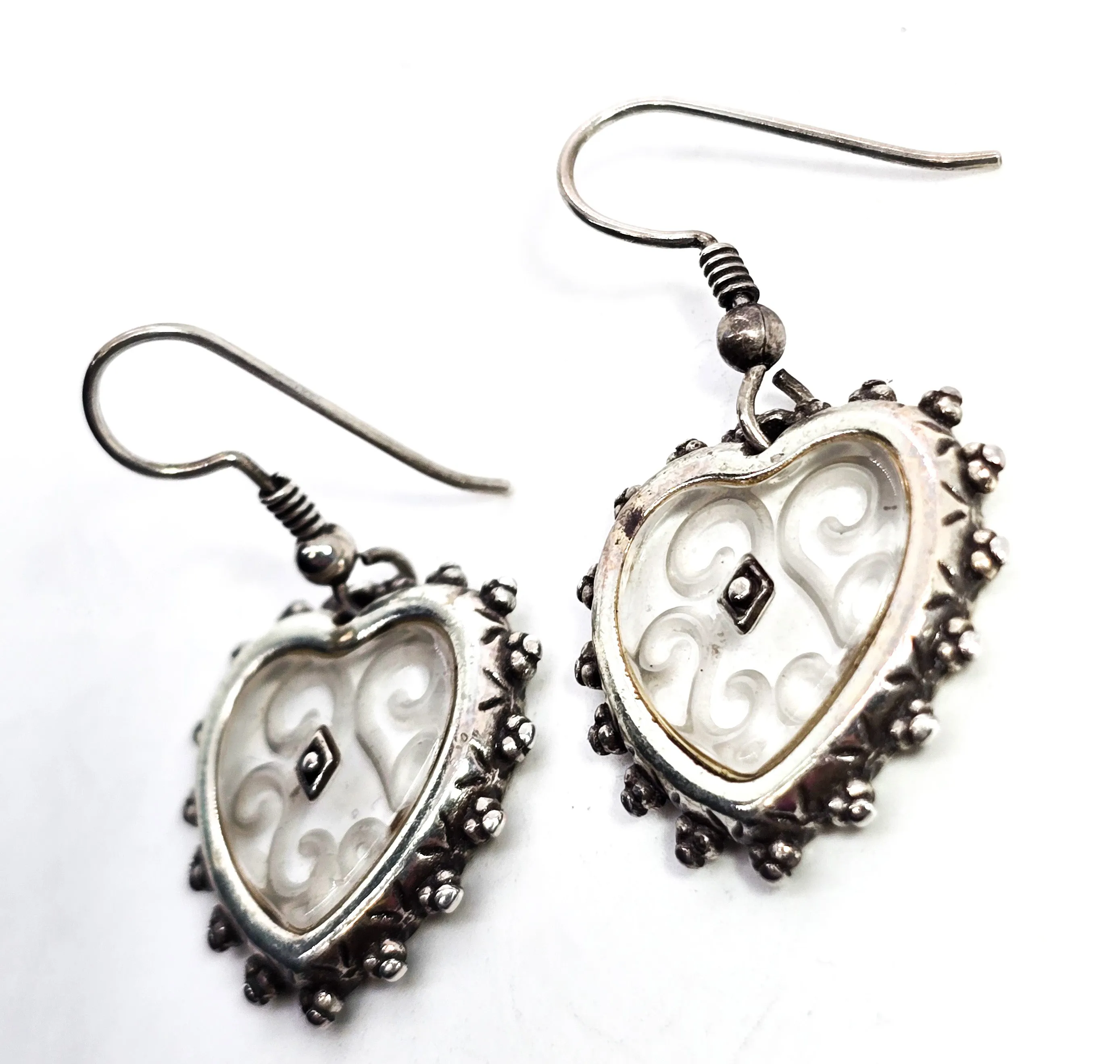 Etched glass Scroll heart large sterling silver vintage drop earrings