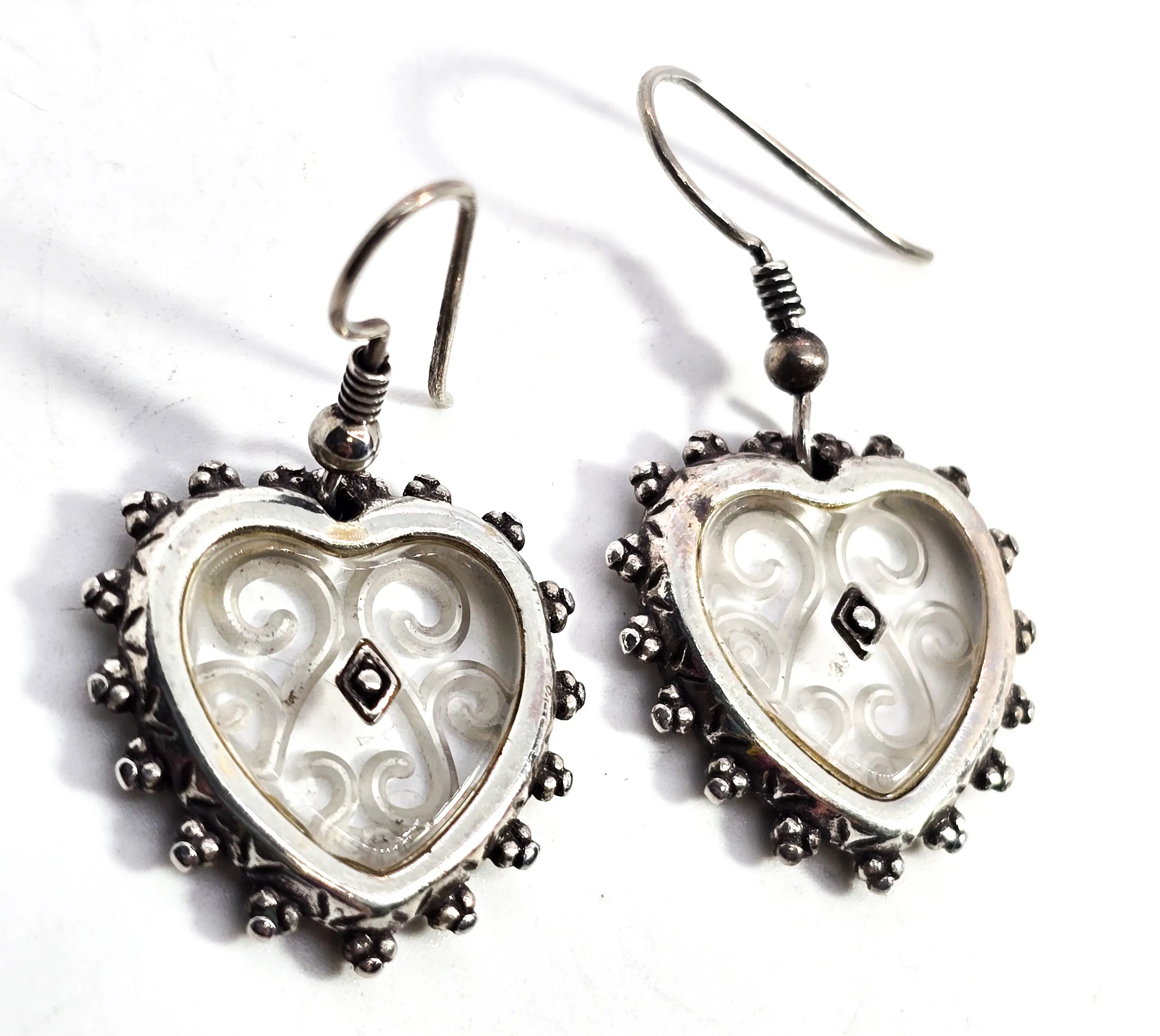 Etched glass Scroll heart large sterling silver vintage drop earrings