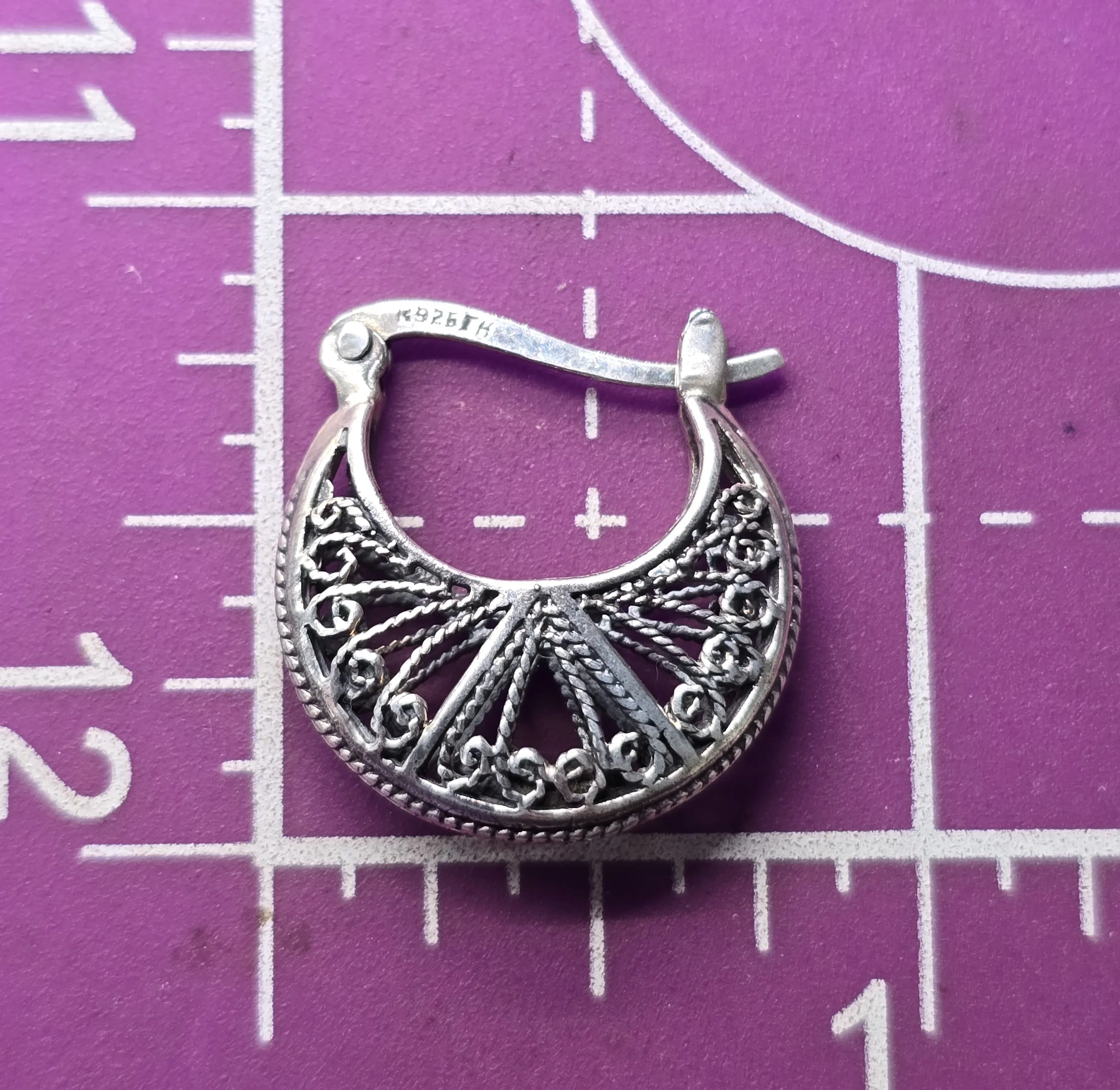 Filigree sterling silver lever back Signed TH vintage tribal bali hoop earrings