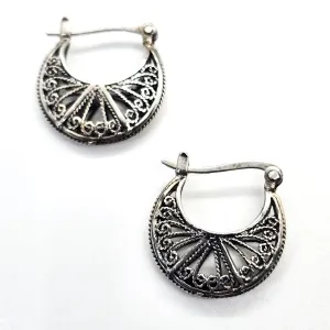 Filigree sterling silver lever back Signed TH vintage tribal bali hoop earrings