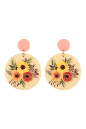 FLOWER PRINT RETRO WOOD POST DANGLE EARRINGS