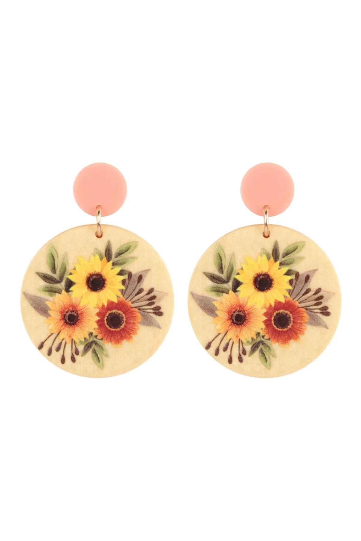 FLOWER PRINT RETRO WOOD POST DANGLE EARRINGS
