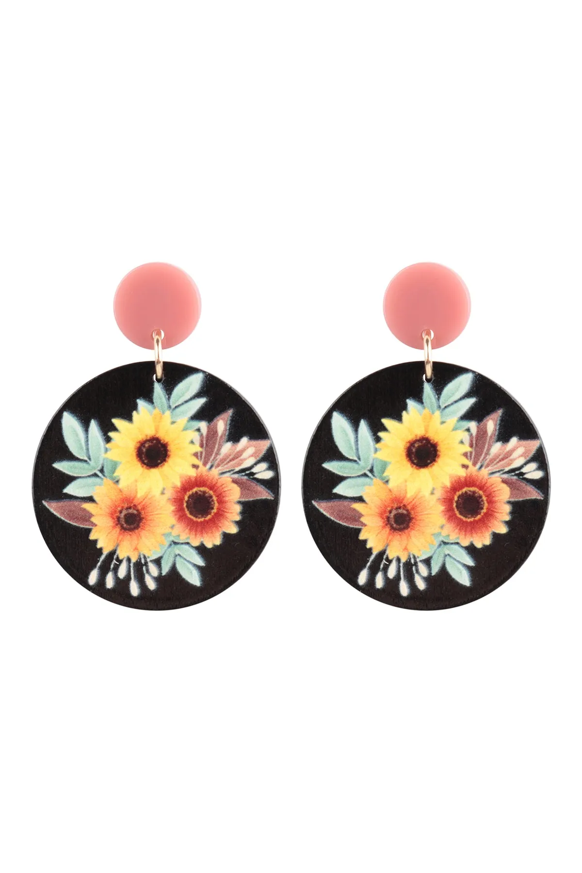 FLOWER PRINT RETRO WOOD POST DANGLE EARRINGS
