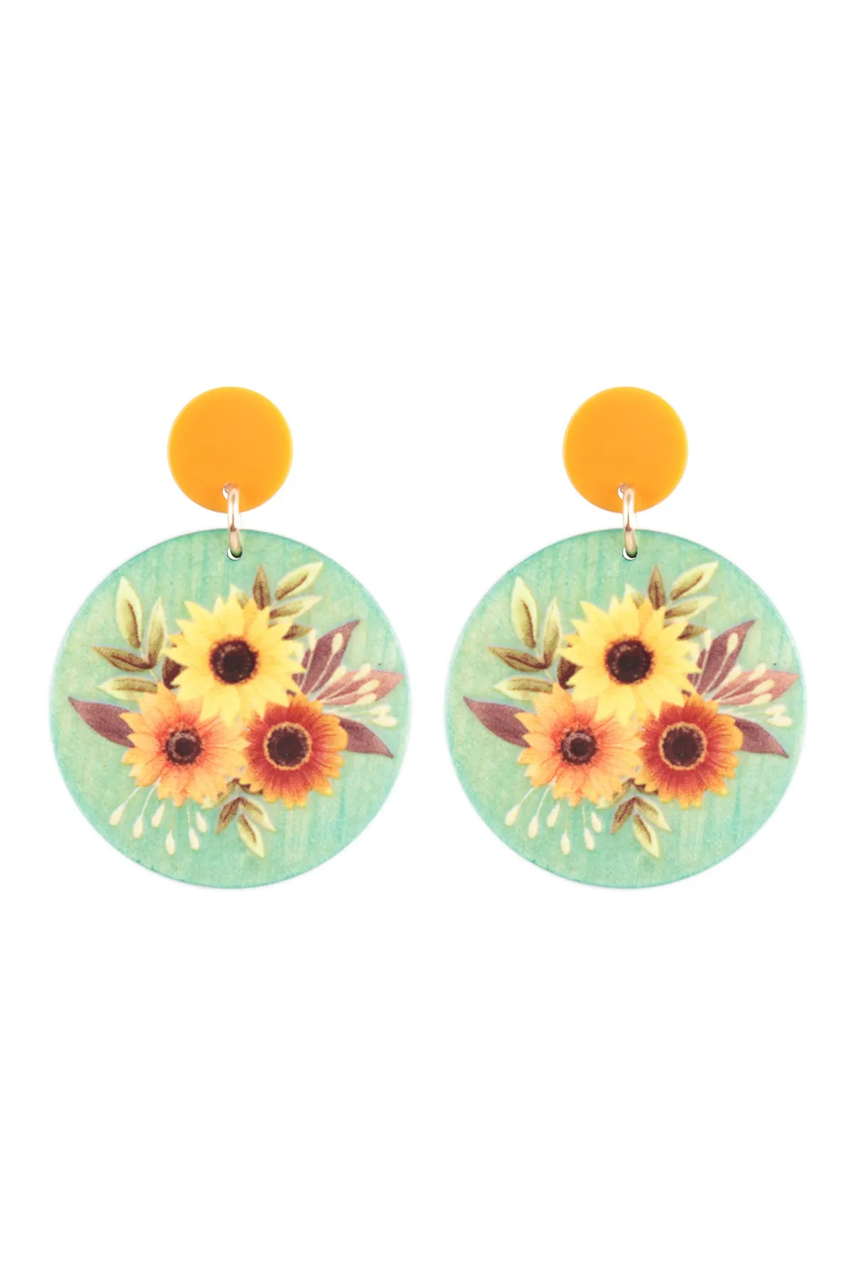 FLOWER PRINT RETRO WOOD POST DANGLE EARRINGS