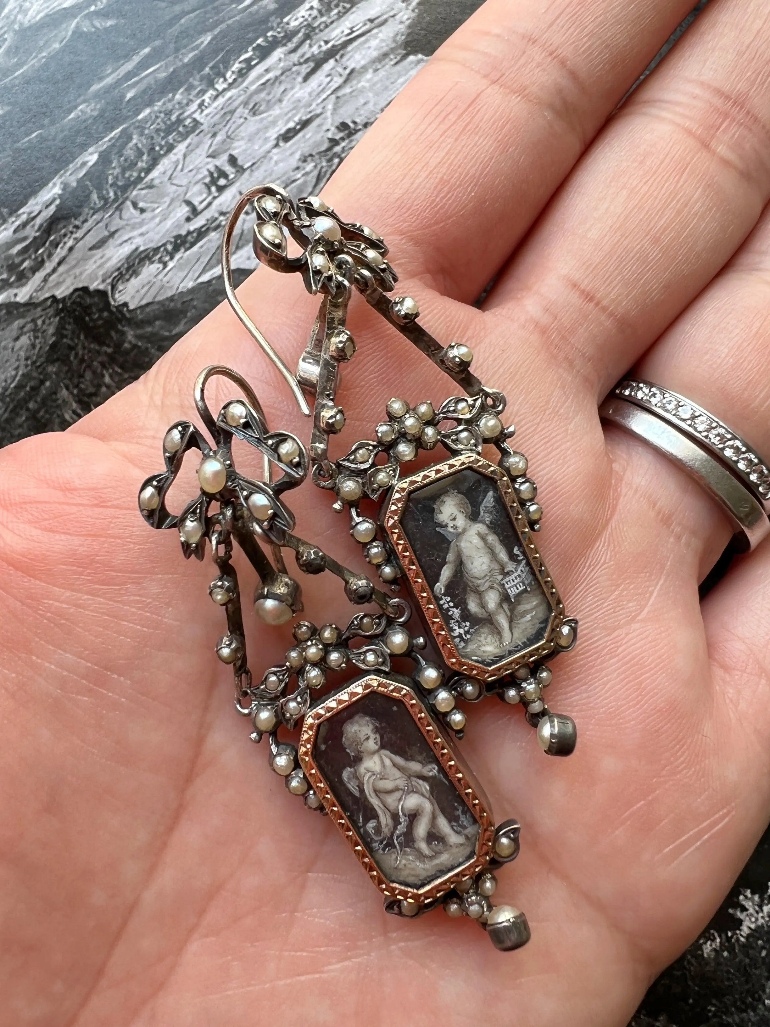 French antique cherub miniature pearl earrings