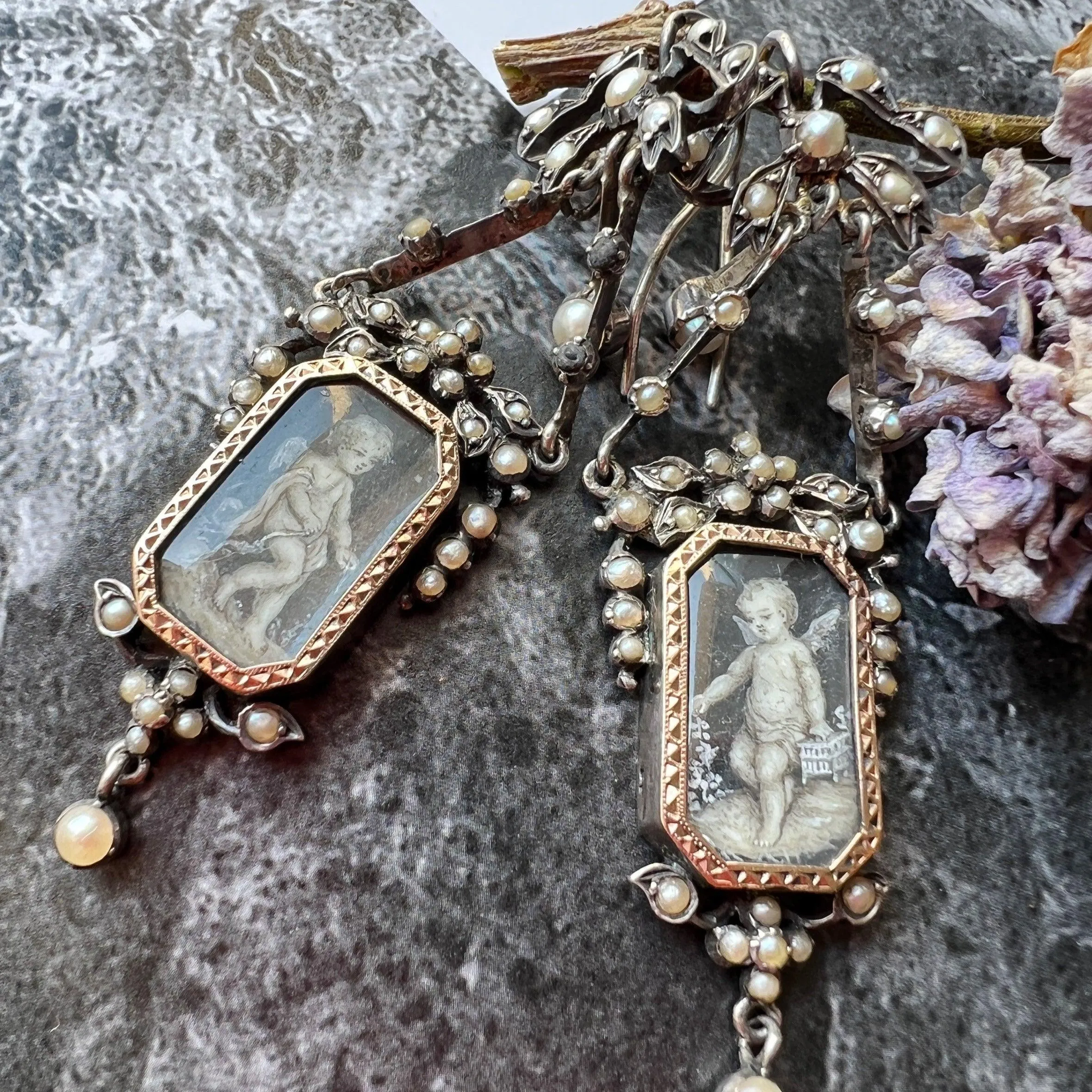 French antique cherub miniature pearl earrings
